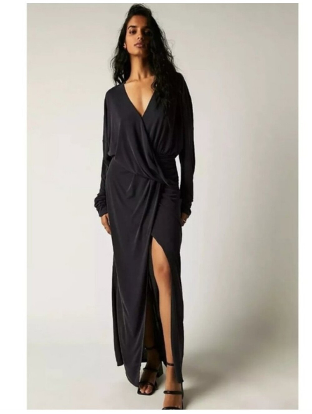 Women's Long Sleeve Wrap Maxi Dress - Charcoal Gray